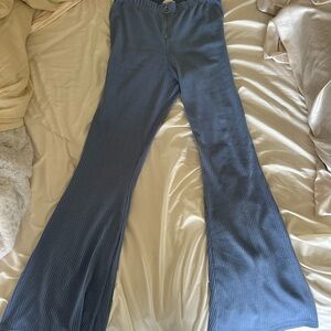 Topshop Light Blue Zip-Up Ribbed Flare Pants